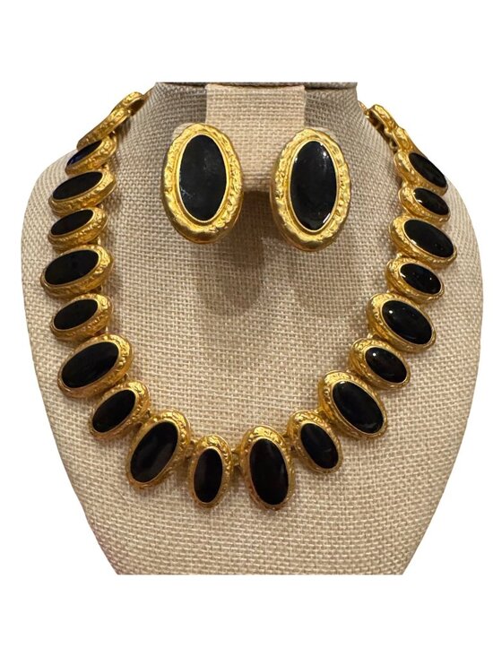 Anne Klein Jewelry - ANNE KLEIN Signed 1990s Black & Gold Statement Necklace & Oval Clip Earring Set